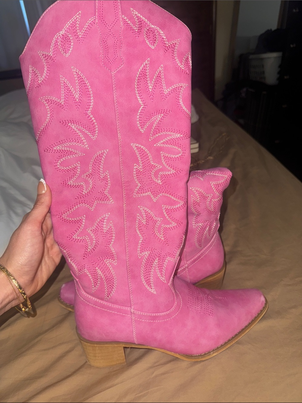 Women’s knee high Pink Western Cowboy Boots - Stylish Suede Look
